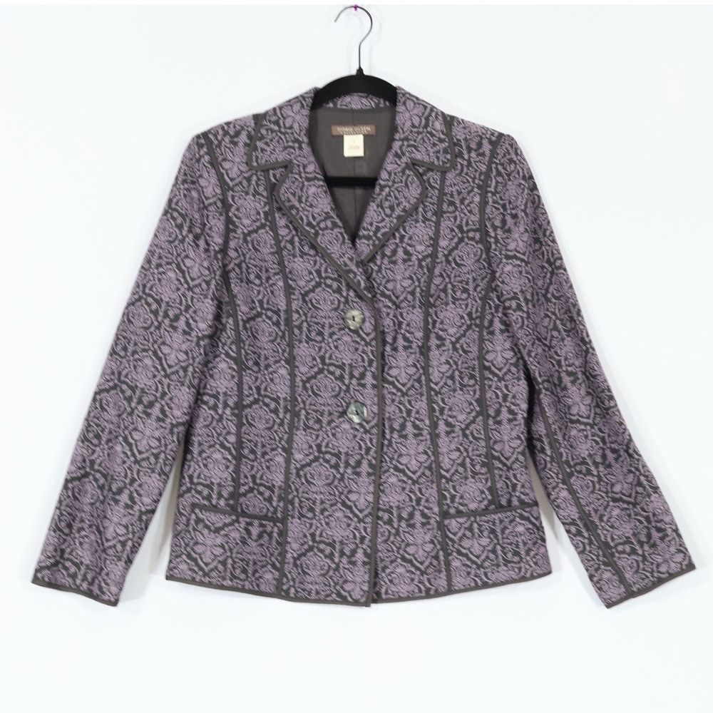 Sigrid Olsen Collection Wool Silk Blazer Women 8 Grey Purple Damask Jacquard